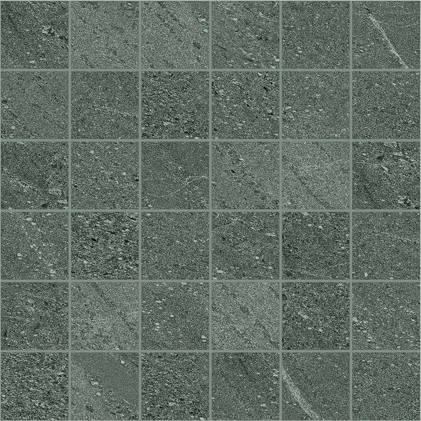Matte gray porcelain mosaic with delicate quartz grains, evoking refined limestone texture for elegant, organic-modern interiors.
