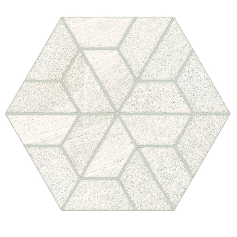 Matte white porcelain hexagon tile with delicate quartz grains, evoking refined limestone in an organic modern design.