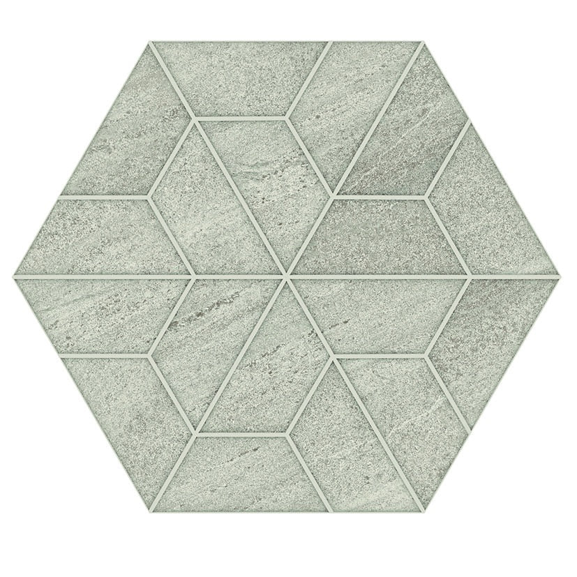 A matte green hexagon porcelain tile with delicate quartz grains, evoking the organic texture of weathered limestone in a refined, contemporary palette.