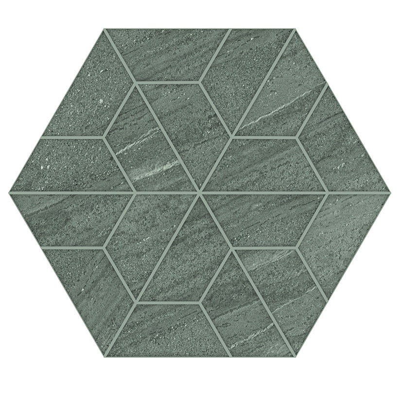 Hexagonal porcelain tiles with a soft matte limestone texture, subtle quartz grains, and warm gray tones for organic modern elegance.