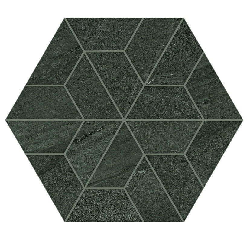 Matte gray hexagon porcelain tile with organic limestone texture and subtle quartz grains, exuding refined warmth and natural elegance.
