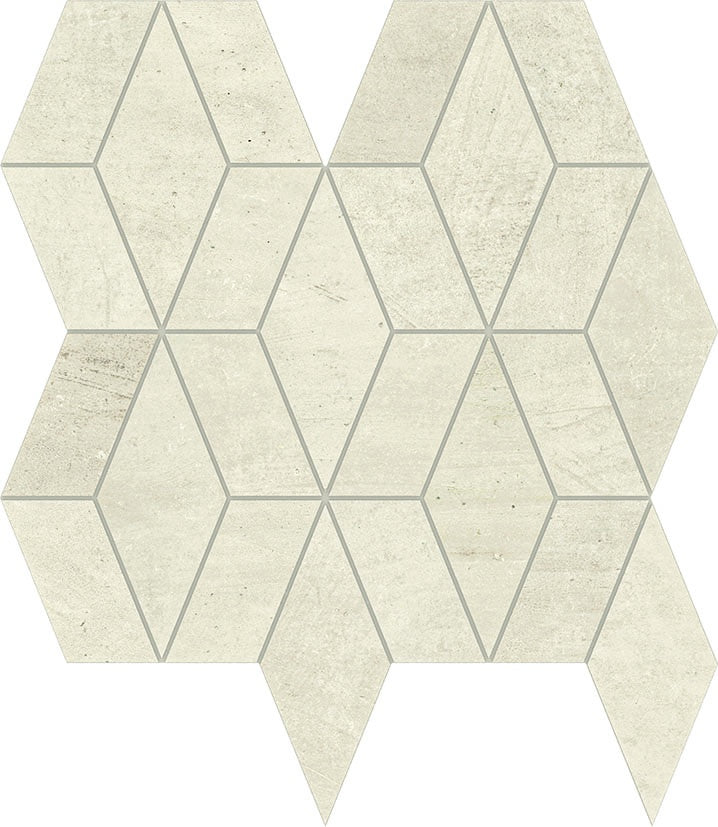 Matte bone-colored porcelain mosaic with organic diamond-patterned tiles in warm, earthy beige for a handcrafted boho aesthetic.