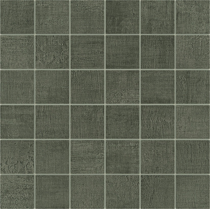 Timeworn linen-textured porcelain mosaic in warm tobacco, matte finish, with delicate elegance and subtle concrete-inspired texture.