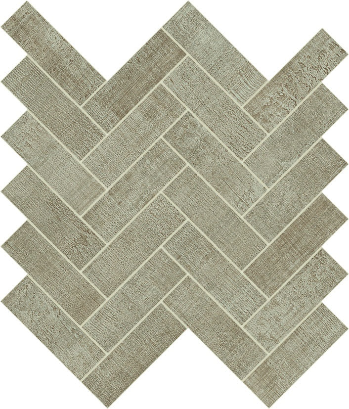 Luxurious taupe porcelain mosaic with a timeworn linen texture in an elegant herringbone pattern, exuding understated warmth and delicate elegance.