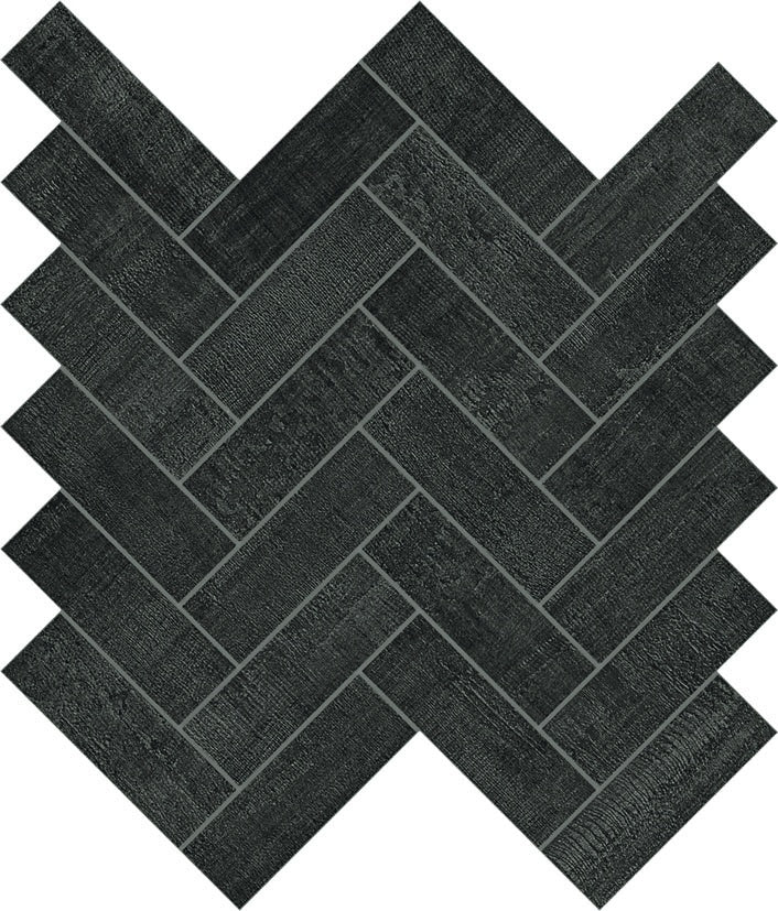 Black linen-textured porcelain mosaic in a timeworn herringbone pattern, offering understated elegance with a matte, tactile finish.