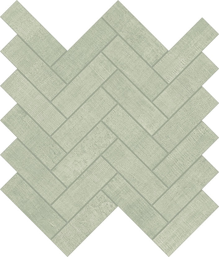 Luxury herringbone mosaic in soft pearl green with a timeworn linen texture, matte porcelain tiles for refined warmth.