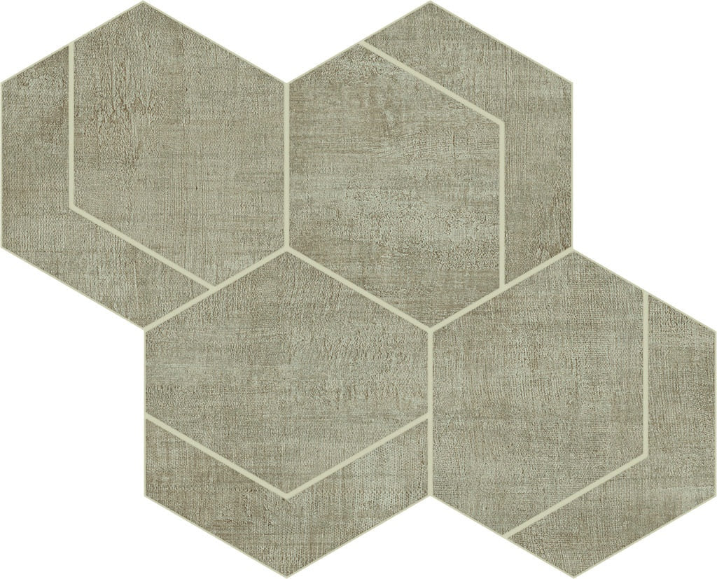 Matte taupe porcelain mosaic with a timeworn linen texture, hexagonal interlocking design for warm, understated elegance.