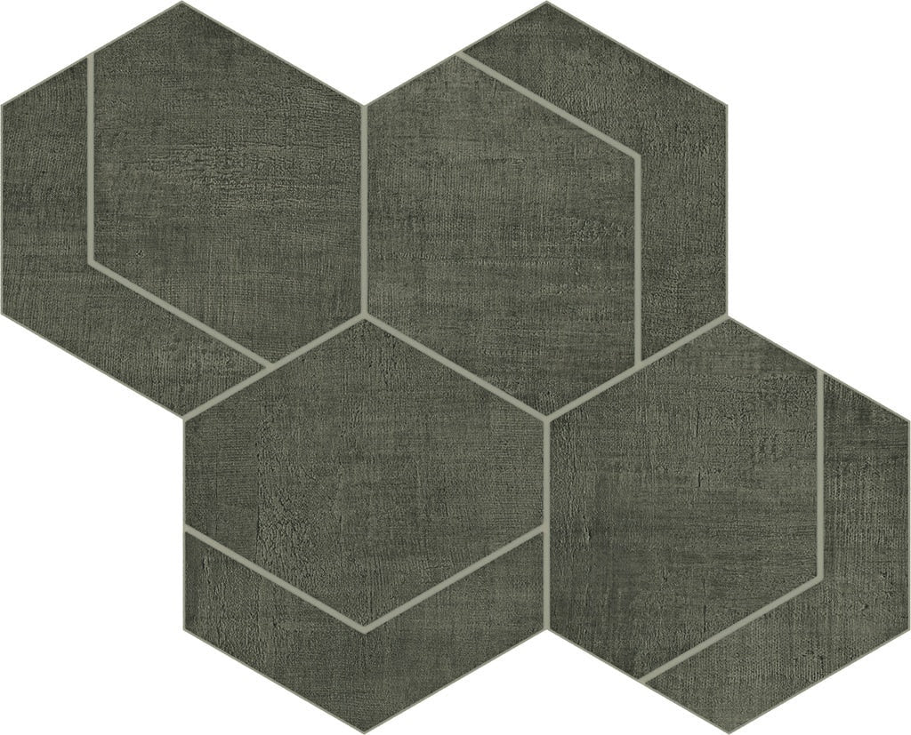 Hexagonal porcelain mosaic in warm tobacco linen-look, matte finish with delicate timeworn texture and subtle side-lining detail.