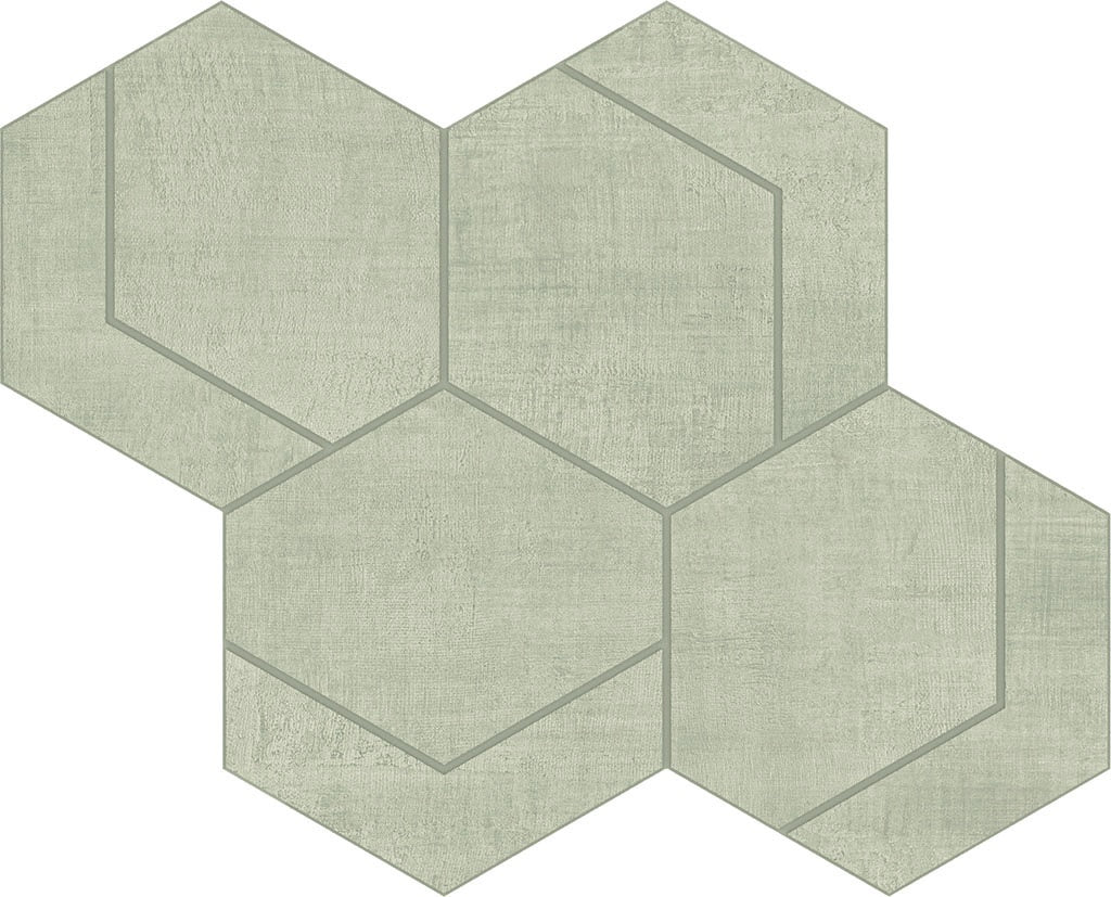 Hexagon mosaic tiles in soft pearl green with a timeworn linen texture, matte porcelain surface for understated elegance.