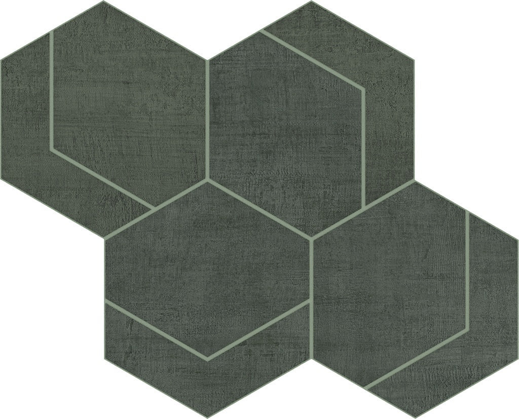 Hexagonal porcelain mosaic in soft smoke gray with a timeworn linen texture, matte finish, and delicate side-lining for understated elegance.