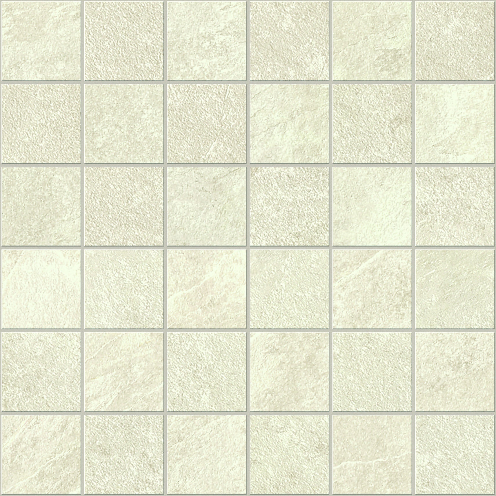 Elegant matte white slate-look porcelain mosaic with subtle foliated texture and refined interlocking squares.