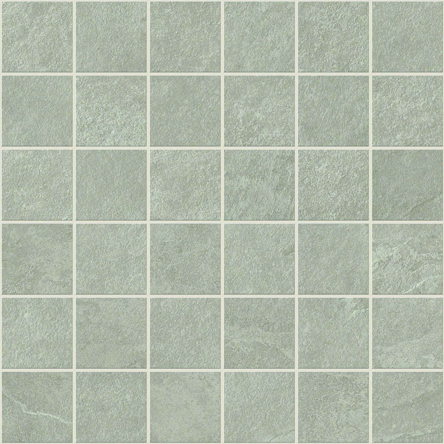 Matte green slate-look porcelain mosaic with foliated texture, deep silver hues, and elegant straight-stack interlocking squares.