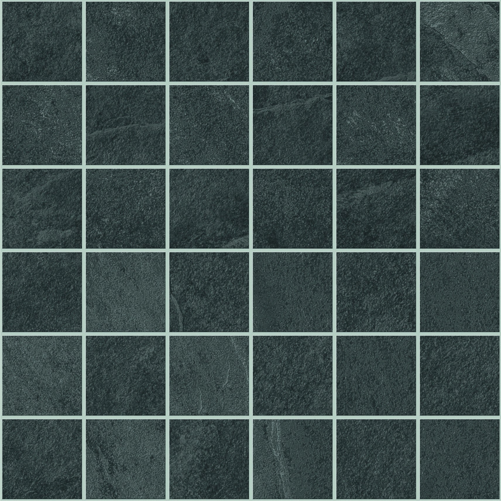 Elegant slate-look porcelain mosaic in deep charcoal, matte foliated texture, exuding timeless sophistication and serene balance.