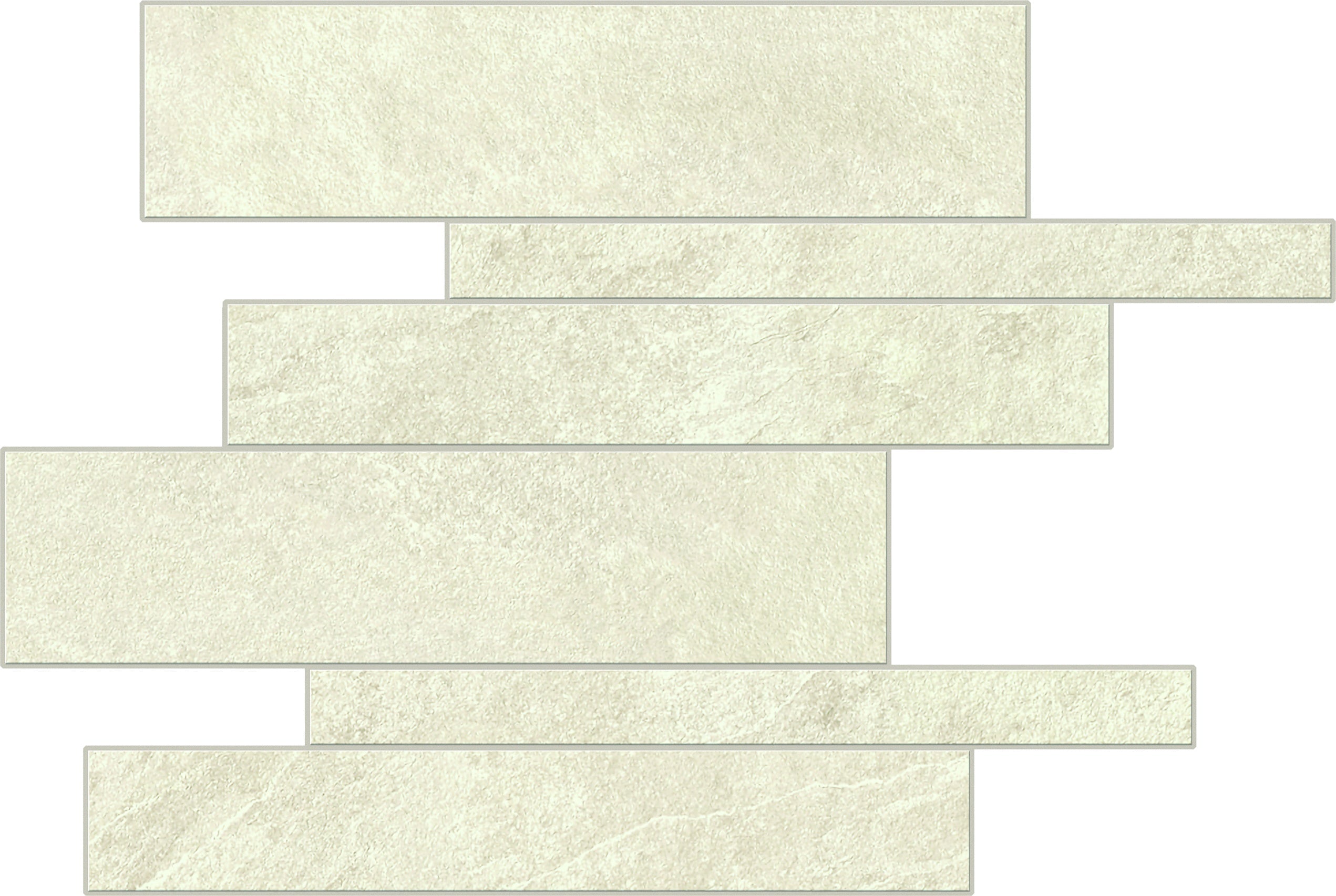 Matte white slate-look porcelain mosaic with subtle foliated texture, interlocking linear planks in a refined, serene palette.