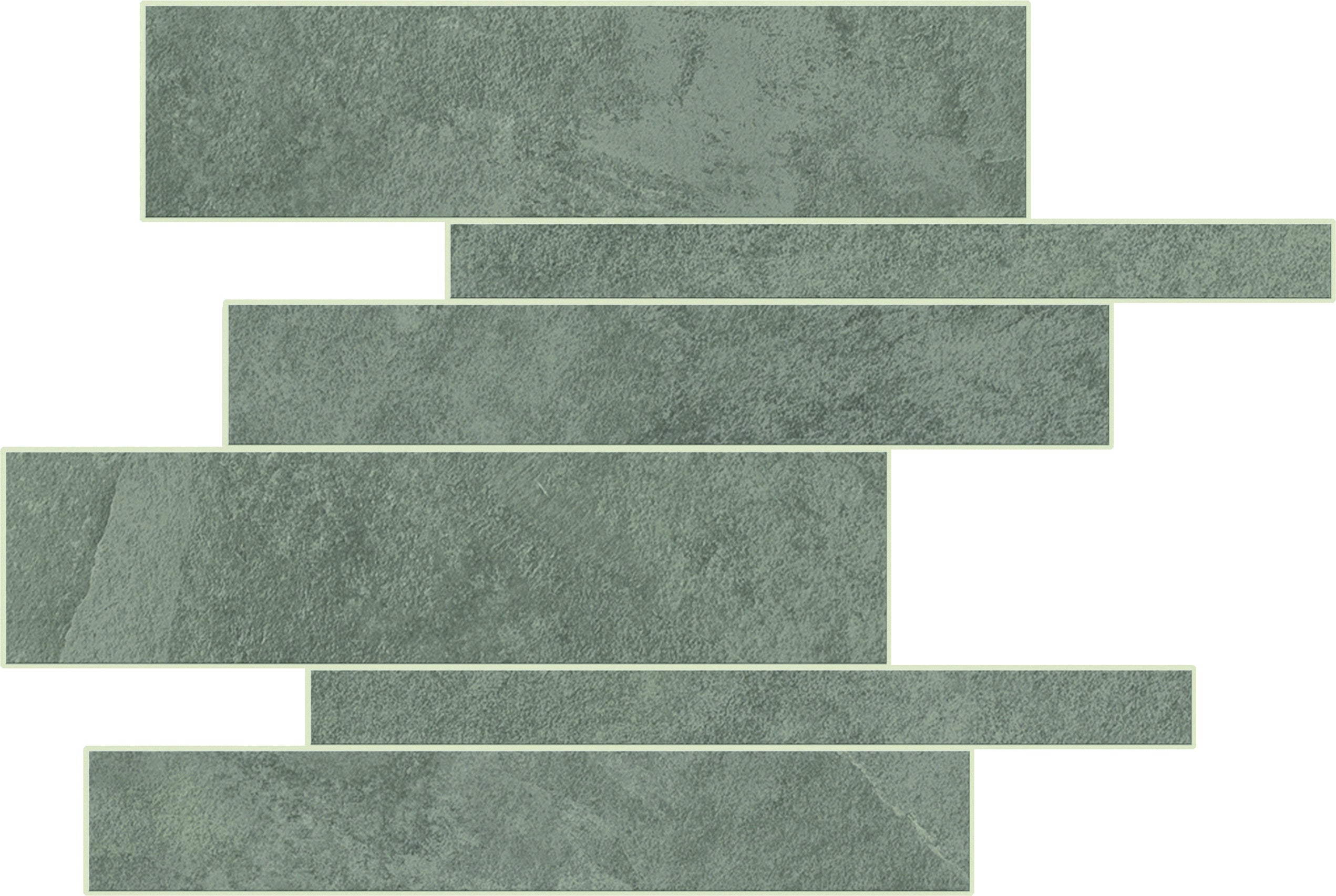 Matte green slate-look porcelain mosaic with foliated texture, deep hues, and interlocking linear planks for serene elegance.