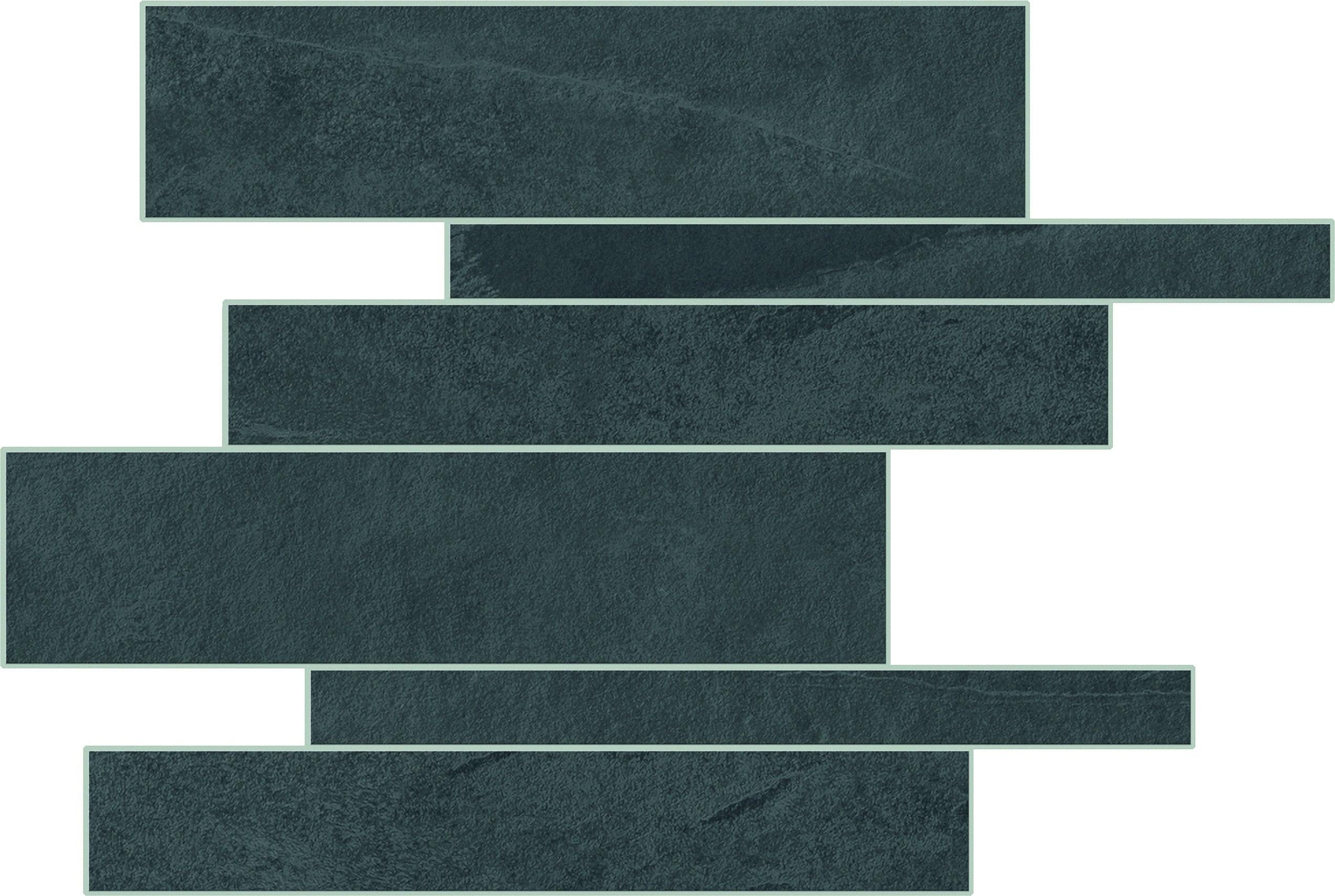 Matte blue slate-look porcelain mosaic with foliated texture, deep hues, and interlocking linear planks for refined, serene spaces.