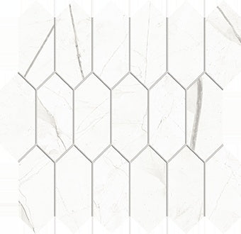 Matte white Calacatta marble-inspired porcelain mosaic with refined veining, arranged in an elegant interlocking picket pattern.