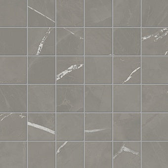 Matte gray marble-look porcelain mosaic with refined Calacatta veining, arranged in a sleek straight-stack pattern for timeless elegance.