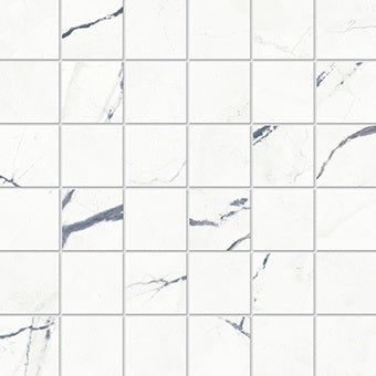 Matte white marble-look porcelain mosaic with subtle veining, interlocking squares in a serene, timeless straight-stack pattern.