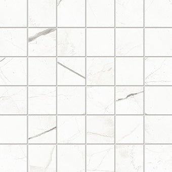 Matte white Calacatta marble porcelain mosaic with refined veining, arranged in a timeless straight-stack pattern for elegant interiors.