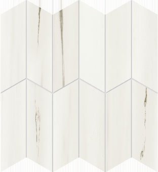 White dolomite-inspired porcelain mosaic with delicate veins in a refined chevron pattern, exuding serene luxury and timeless elegance.