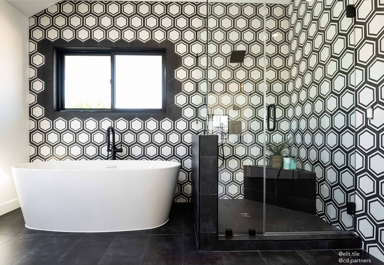 FLOOR: Black Hexagon Framed Porcelain Field Deco Tile (8"x9" | semi-matte)