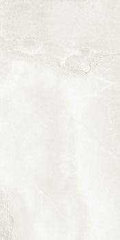 Luxurious white onyx porcelain tile with soft veins and semi-gloss finish for refined, high-fashion interiors.
