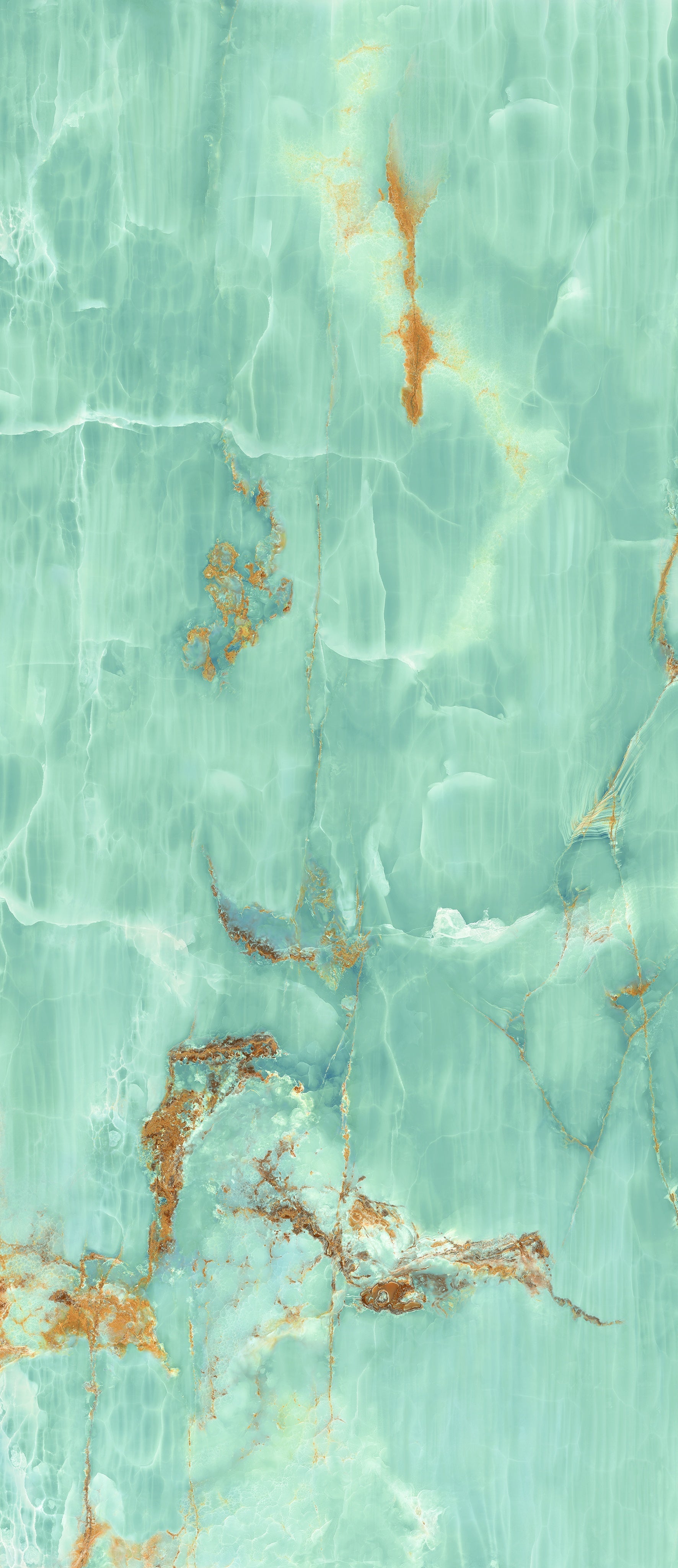 Luxurious matte turquoise porcelain tile with aqua-blue and gold veins, evoking rare onyx in a refined, minimalist aesthetic.