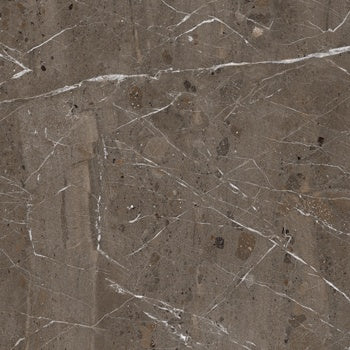 Luxurious taupe porcelain tile with elegant marble veining, matte finish, and refined rectified edges for seamless sophistication.