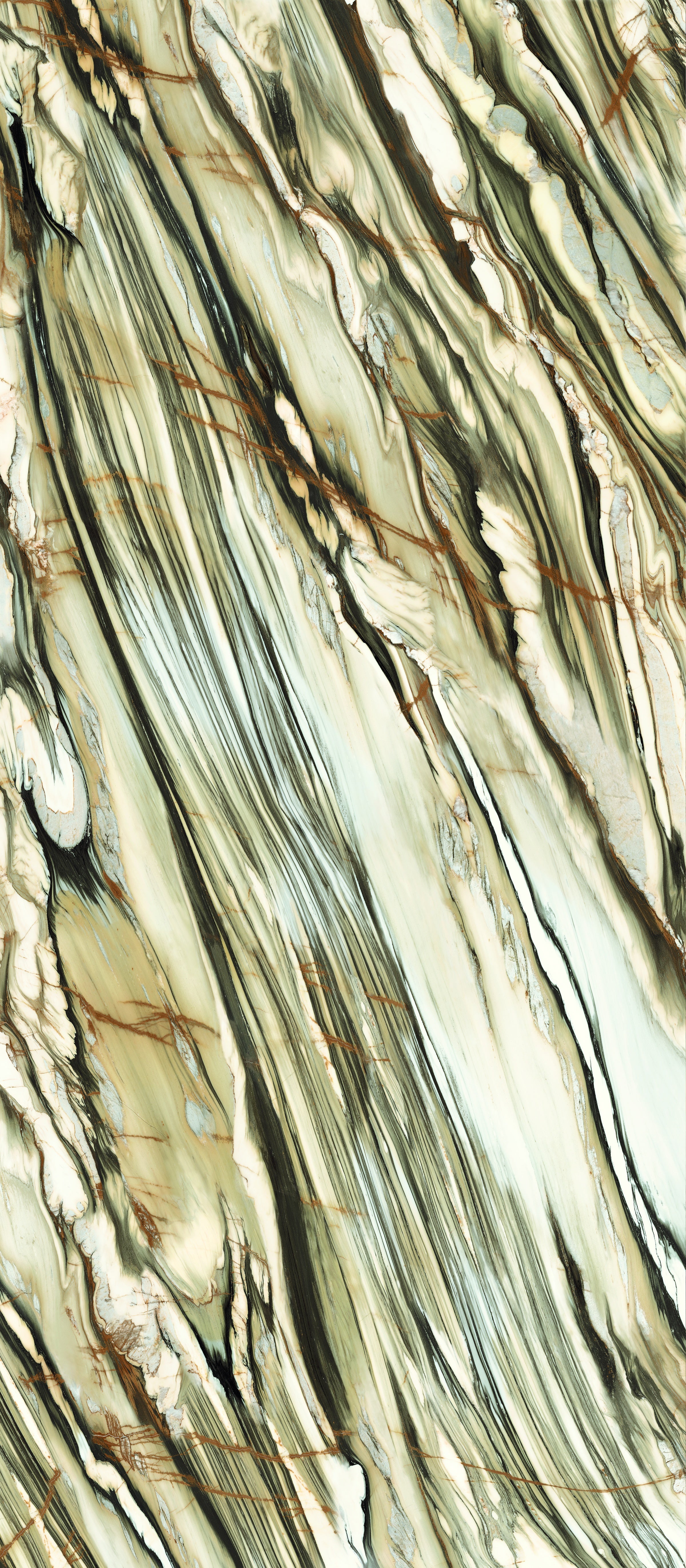 Luxurious Calacatta Oyster porcelain tile with soft green veins and semi-gloss finish, evoking refined marble elegance.
