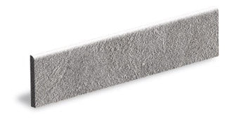 Matte gray porcelain bullnose trim with urban minimalist elegance, textured concrete-inspired surface for refined architectural edges.