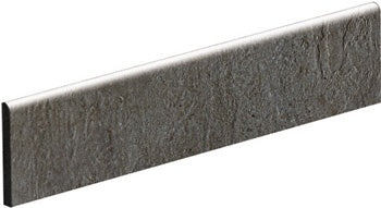 Matte dark grey porcelain bullnose trim with refined concrete texture for minimalist, industrial-chic interiors.