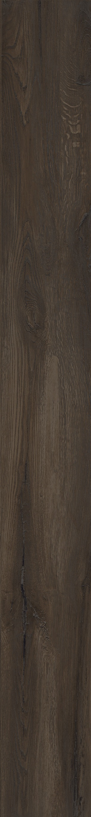 A timeworn brown wood-look porcelain bullnose trim with a softly textured, matte finish and organic knots for rustic-luxury interiors.