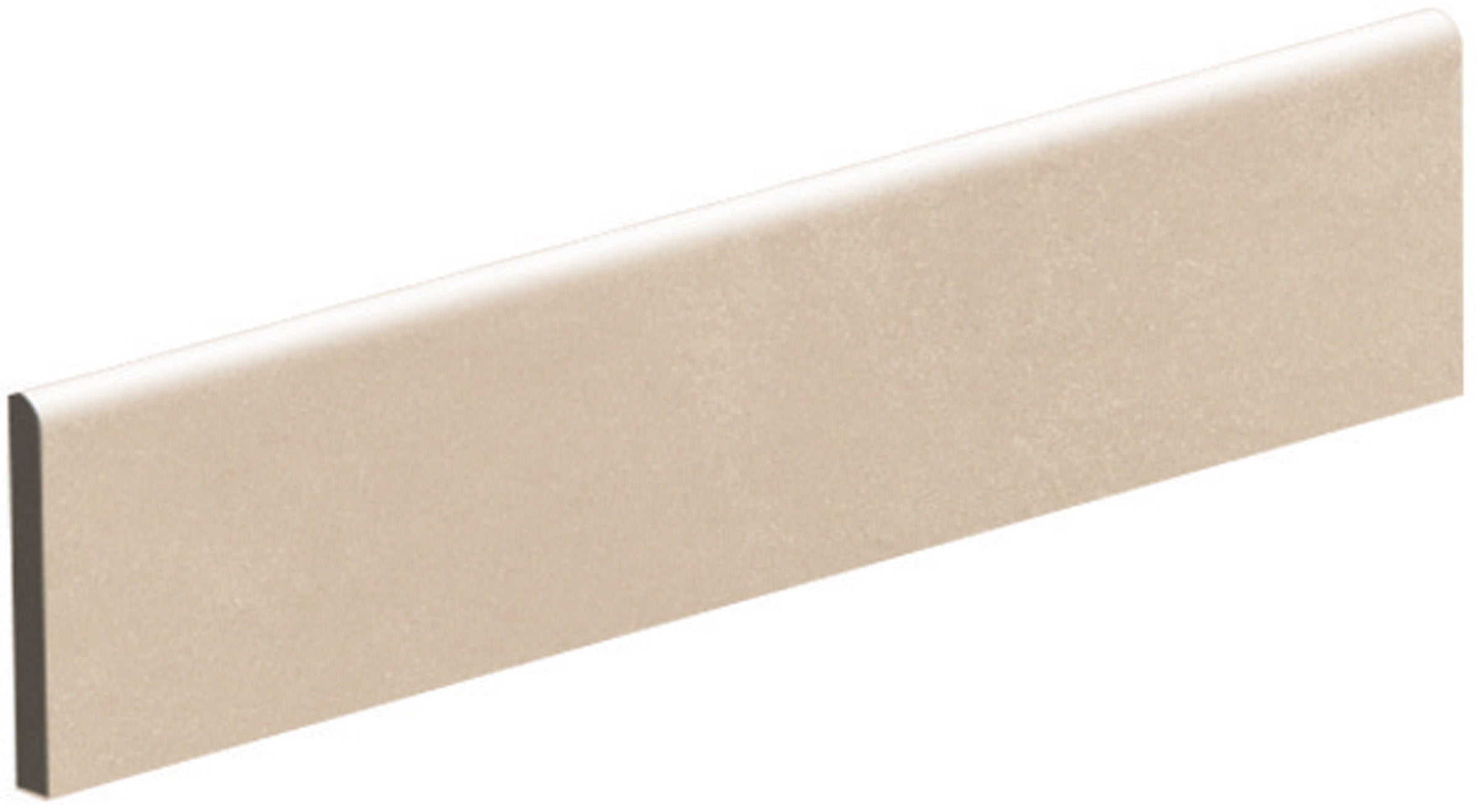 Sleek almond bullnose trim in matte porcelain, a refined modern edge for seamless transitions in minimalist spaces.
