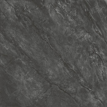 Luxurious dark grey marble-look porcelain tile with refined veining and a softly worn patina for timeless elegance.
