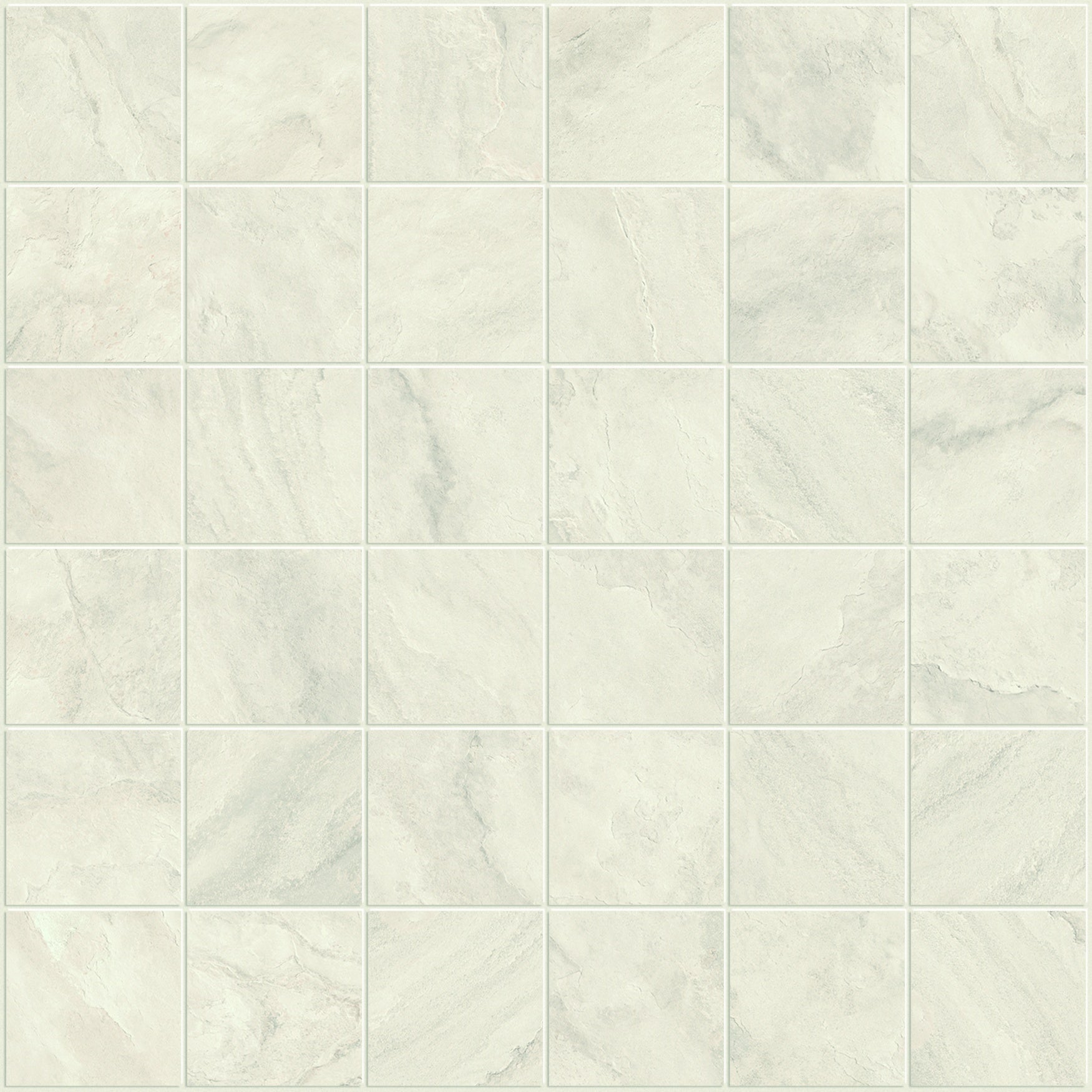 Elegant matte white porcelain mosaic with interlocking square tiles, evoking the organic strength of limestone in a contemporary straight-stack pattern.