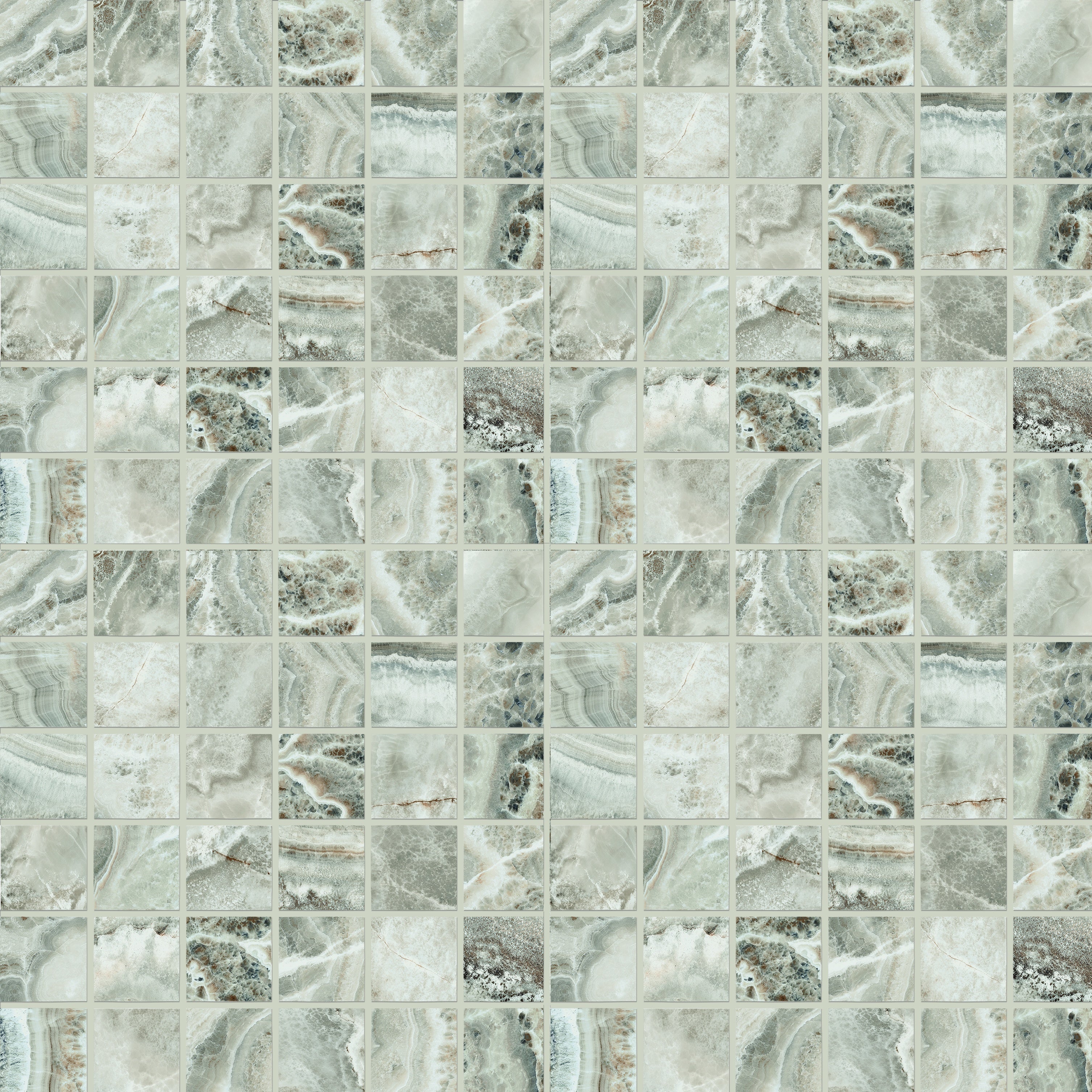 Matte grey interlocking porcelain mosaic with onyx-inspired veining, evoking refined opulence and dramatic elegance in a straight-stack pattern.