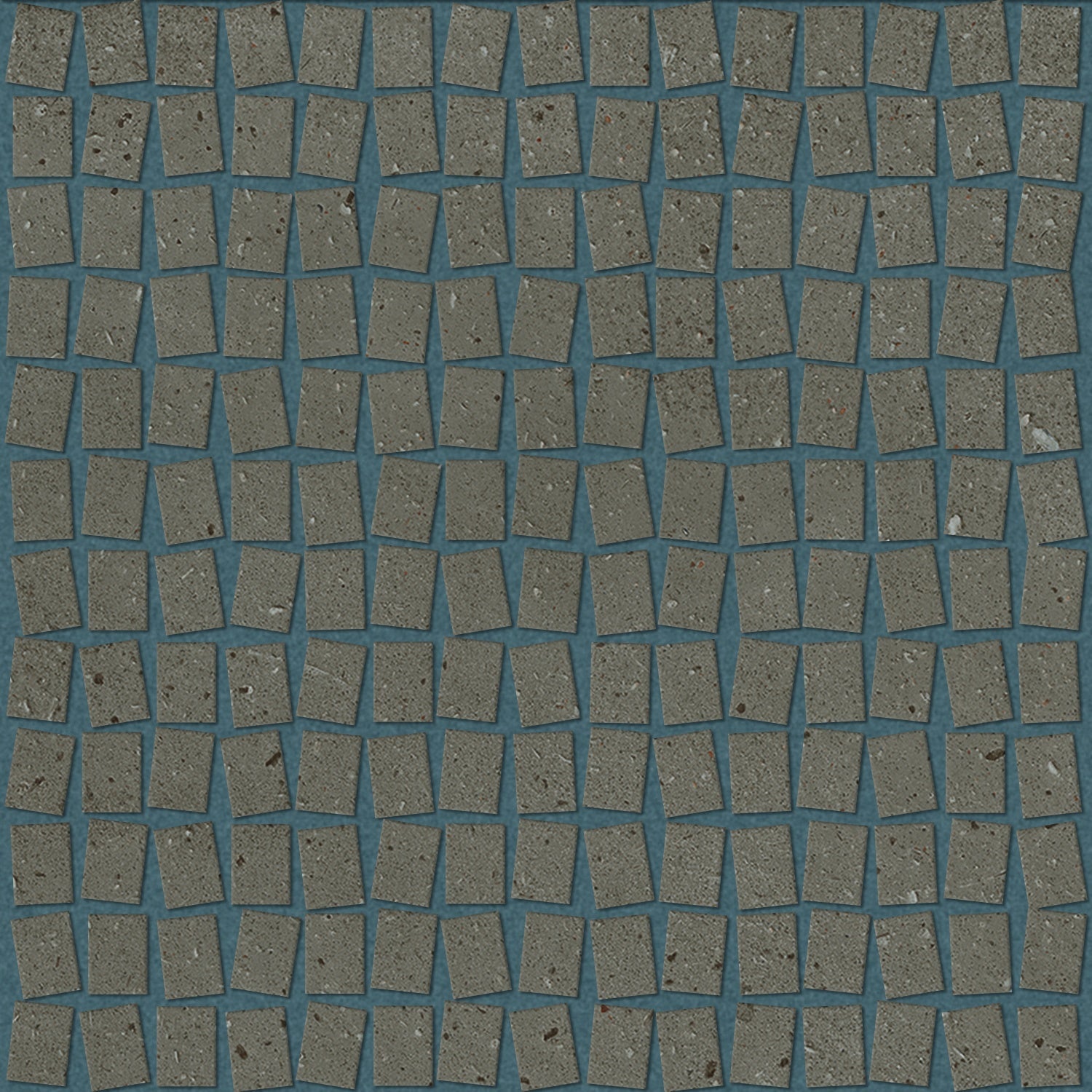 Matte dark-beige porcelain mosaic tiles with a stacked square pattern, evoking the organic texture of sedimentary rock and sand.