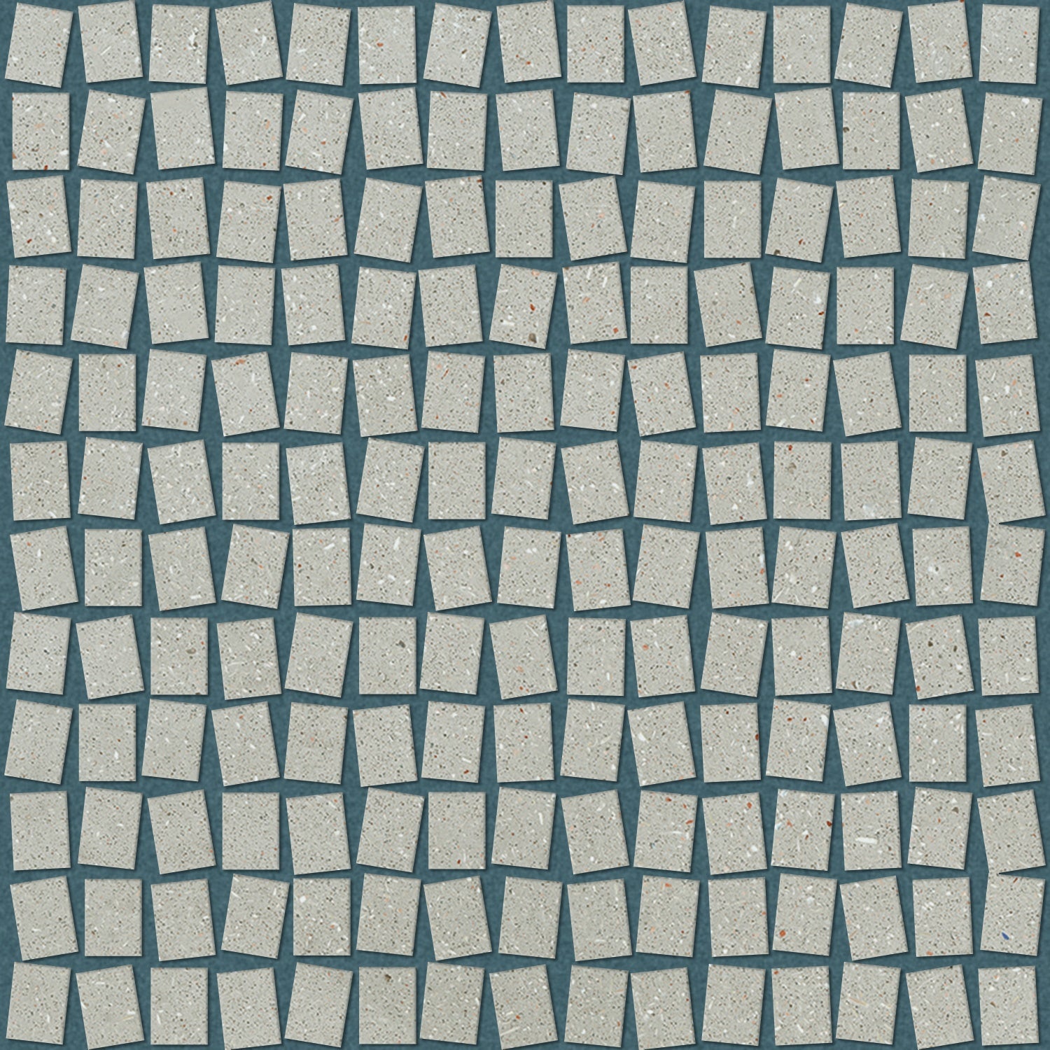 Matte white porcelain mosaic tiles with an earthy, textured concrete effect, interlocking in a sleek, minimalist stack pattern.