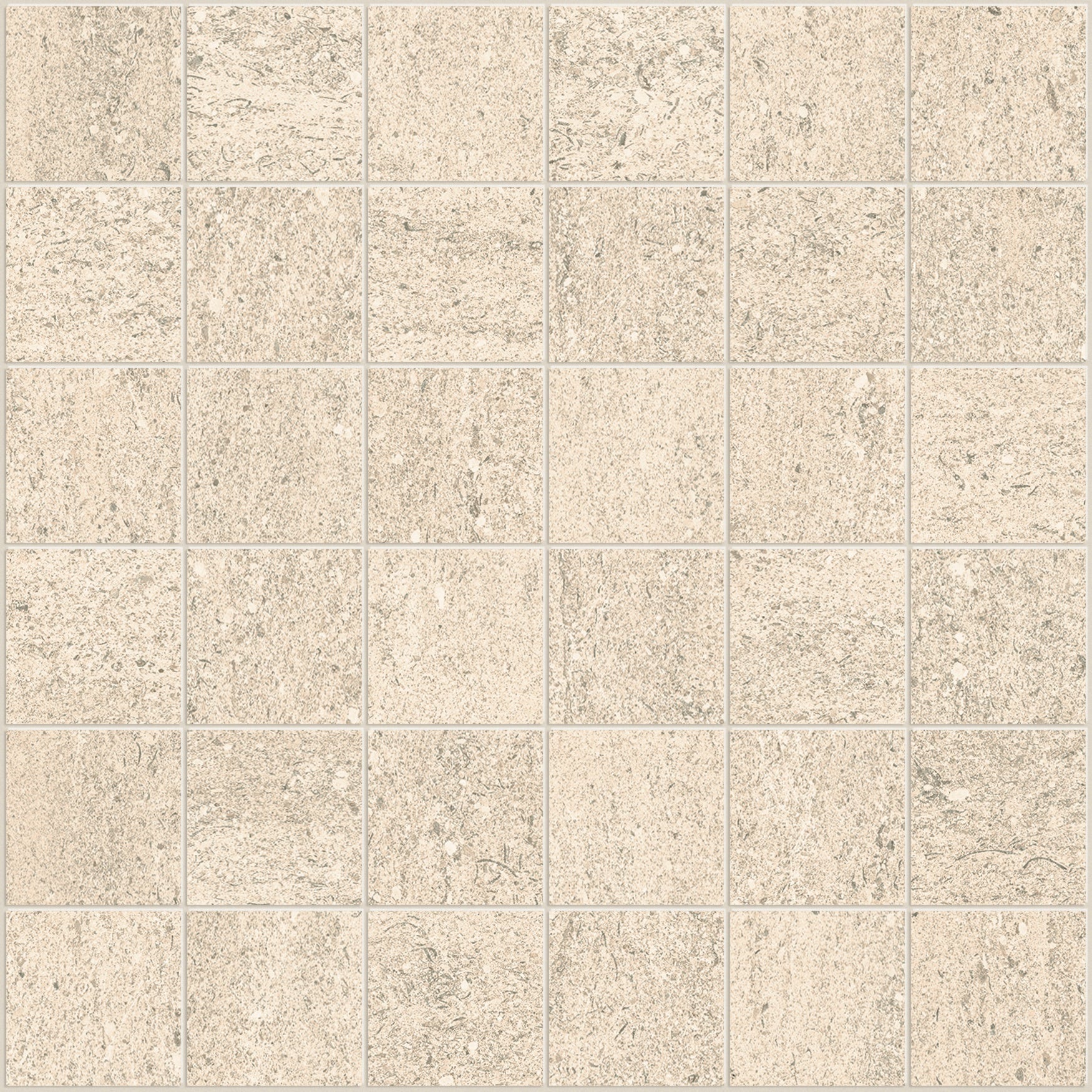 Matte beige porcelain mosaic with a refined limestone texture, exuding earthy elegance and rugged sophistication in a straight-stack pattern.