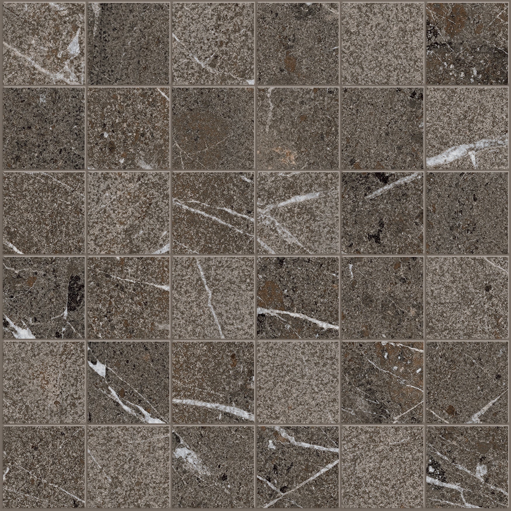 Taupe marble-look porcelain mosaic with earthy elegance, matte finish, and interlocking square tiles for a bold, organic statement.