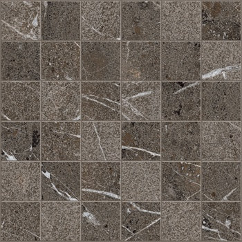 Taupe marble-look porcelain mosaic with earthy elegance, matte finish, and interlocking square tiles for a bold, organic statement.