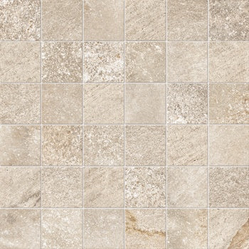 Matte beige porcelain mosaic with a slate-cut texture, evoking the raw elegance of Appalachian dolomite in an interlocking straight-stack pattern.