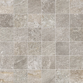 Matte gray porcelain mosaic with rugged dolomite texture, interlocking square tiles in an earthy straight-stack pattern.