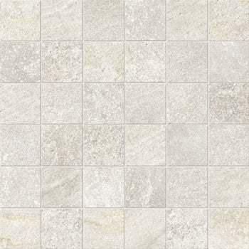 Matte white porcelain mosaic with slate-cut texture, evoking rugged Appalachian dolomite in an organic-modern straight-stack pattern.