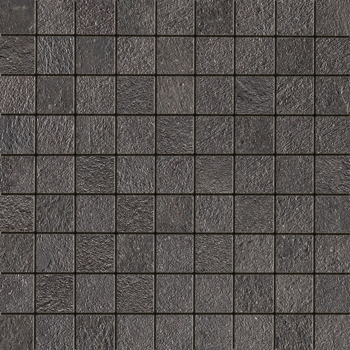 Dark gray interlocking porcelain mosaic with a matte concrete finish, embodying urban minimalism and brutalist elegance.
