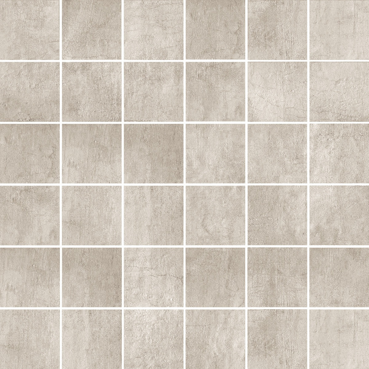 Matte beige porcelain mosaic with a refined concrete effect, interlocking squares in a minimalist straight-stack pattern for timeless elegance.