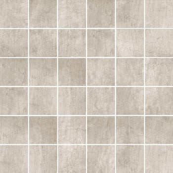 Matte beige porcelain mosaic with a refined concrete effect, interlocking squares in a minimalist straight-stack pattern for timeless elegance.