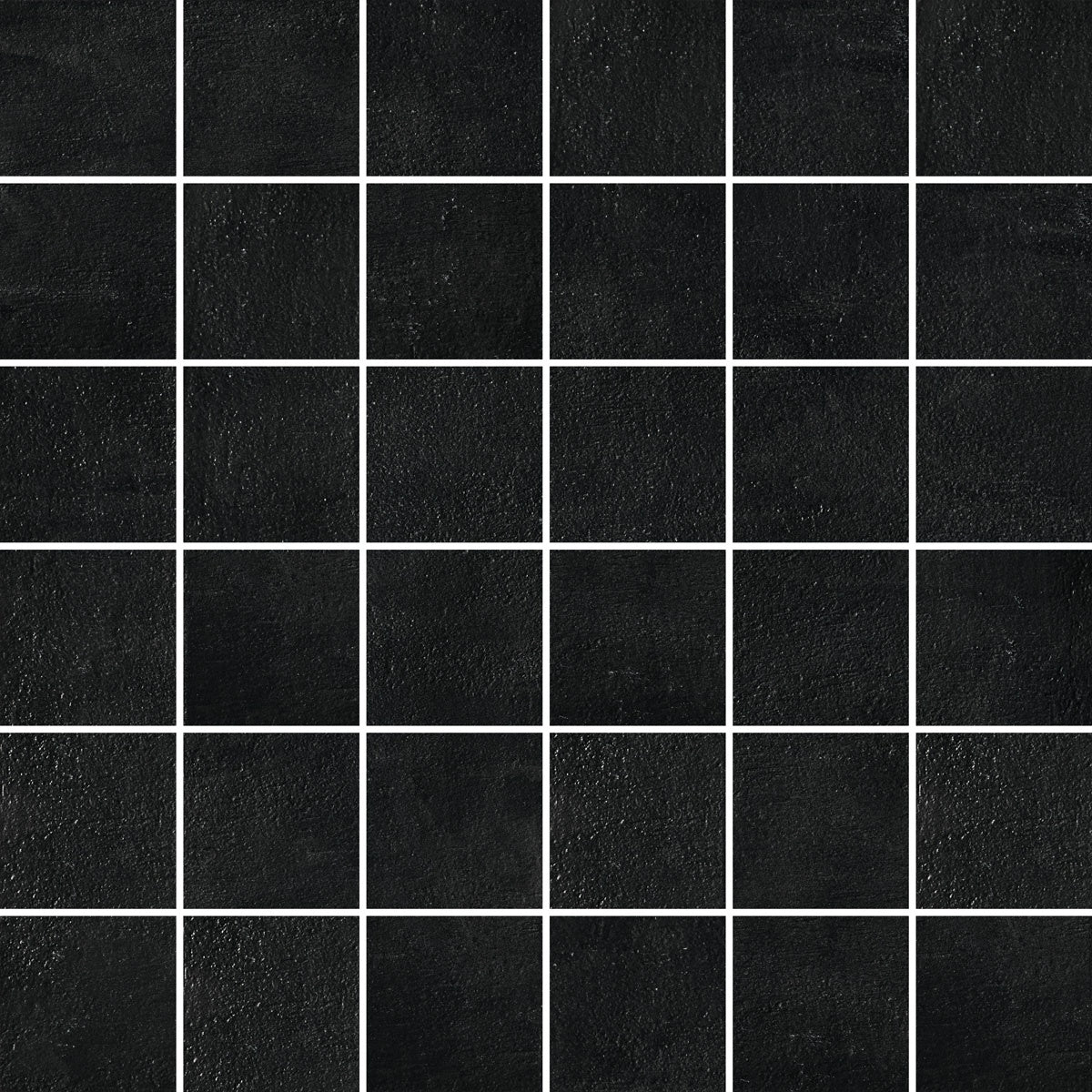 Black porcelain mosaic tiles with a refined concrete effect, matte texture, and elegant straight-stack pattern for modern interiors.