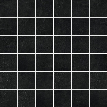 Black porcelain mosaic tiles with a refined concrete effect, matte texture, and elegant straight-stack pattern for modern interiors.
